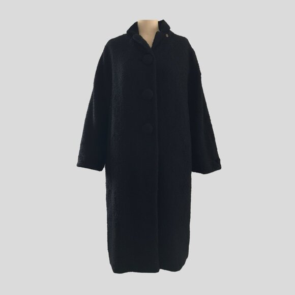 Vintage 1960s Stan Newcomb Black Wool Tweed Velvet Mid Length Winter Coat - S - Picture 1 of 10